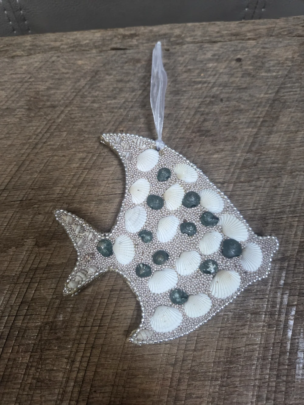 Seashell Fish Hanging Ornament - White & Green Accent